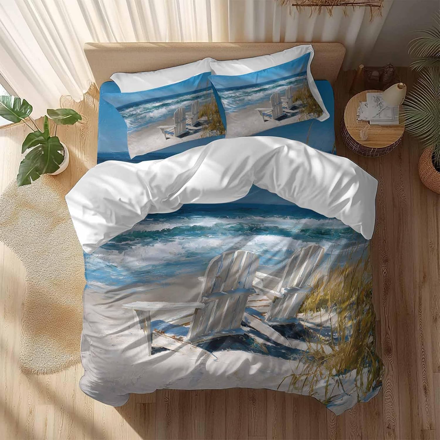 Prime Leader White Chairs Duvet Cover Set Queen Size 4 Pieces American Country Beach Ocean Bedding Set with Zipper Closure, 1 Comforter Cover 92x106 Inches 1 Flat Sheet & 2 Pillow Cases