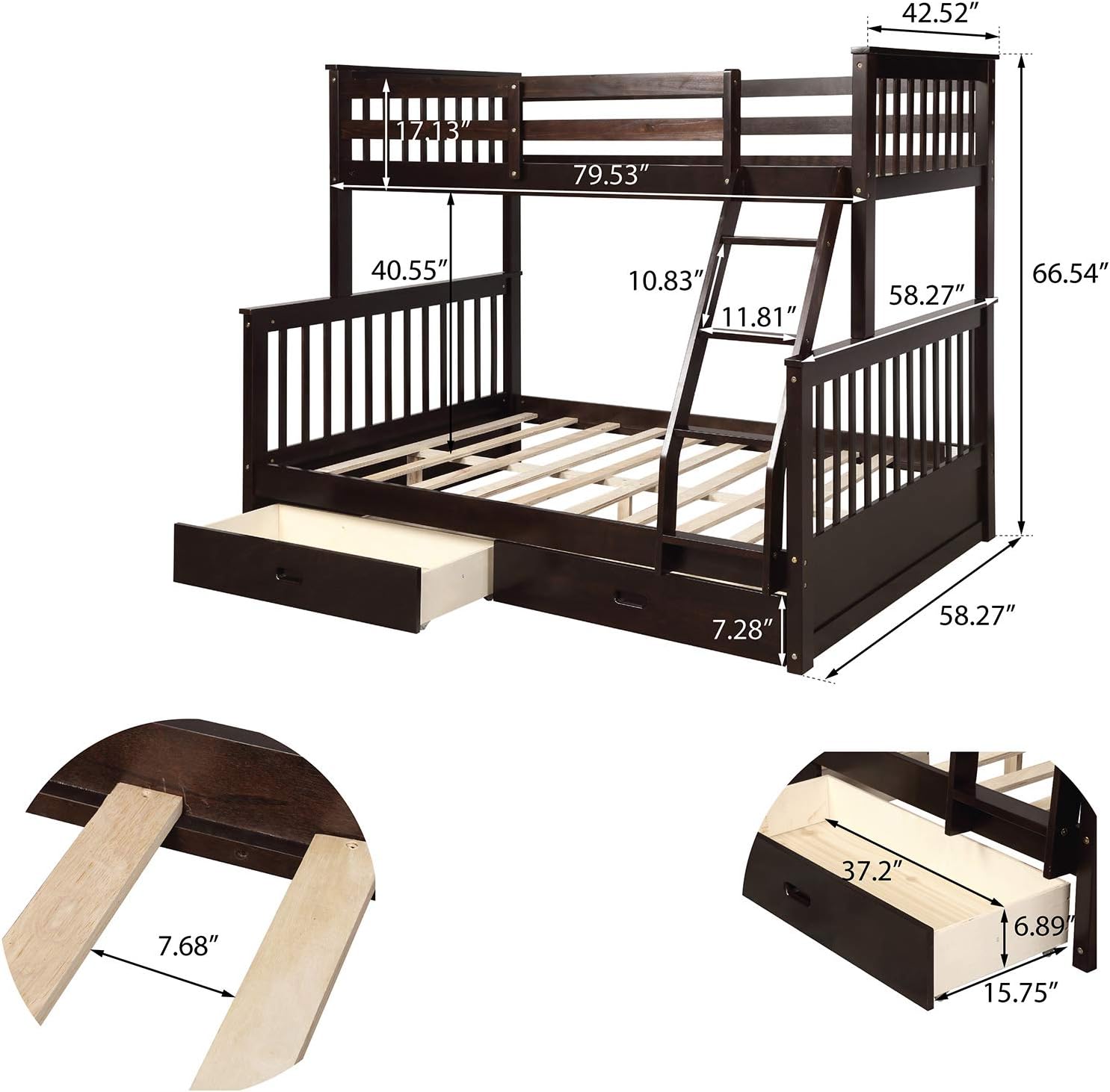 Harper & Bright Designs Twin Over Full Bunk Bed with Drawers and Ladder, Espresso
