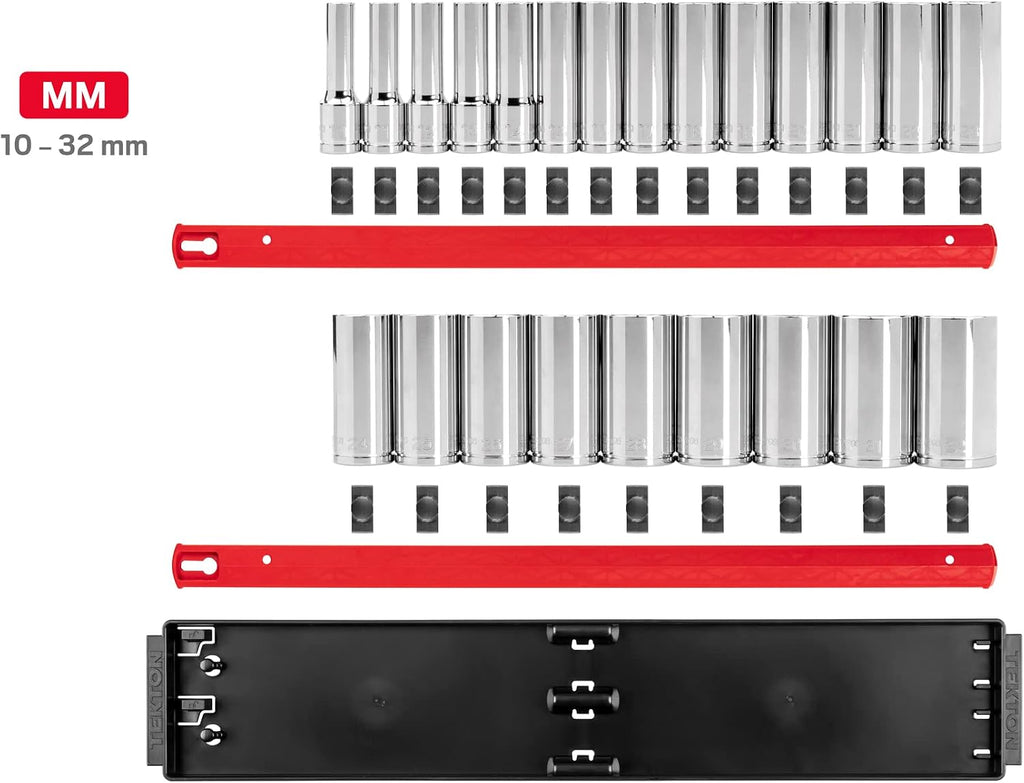 TEKTON 1/2 Inch Drive Deep 12-Point Socket Set with Rails and Tray, 23-Piece (10-32 mm) | SHD92121