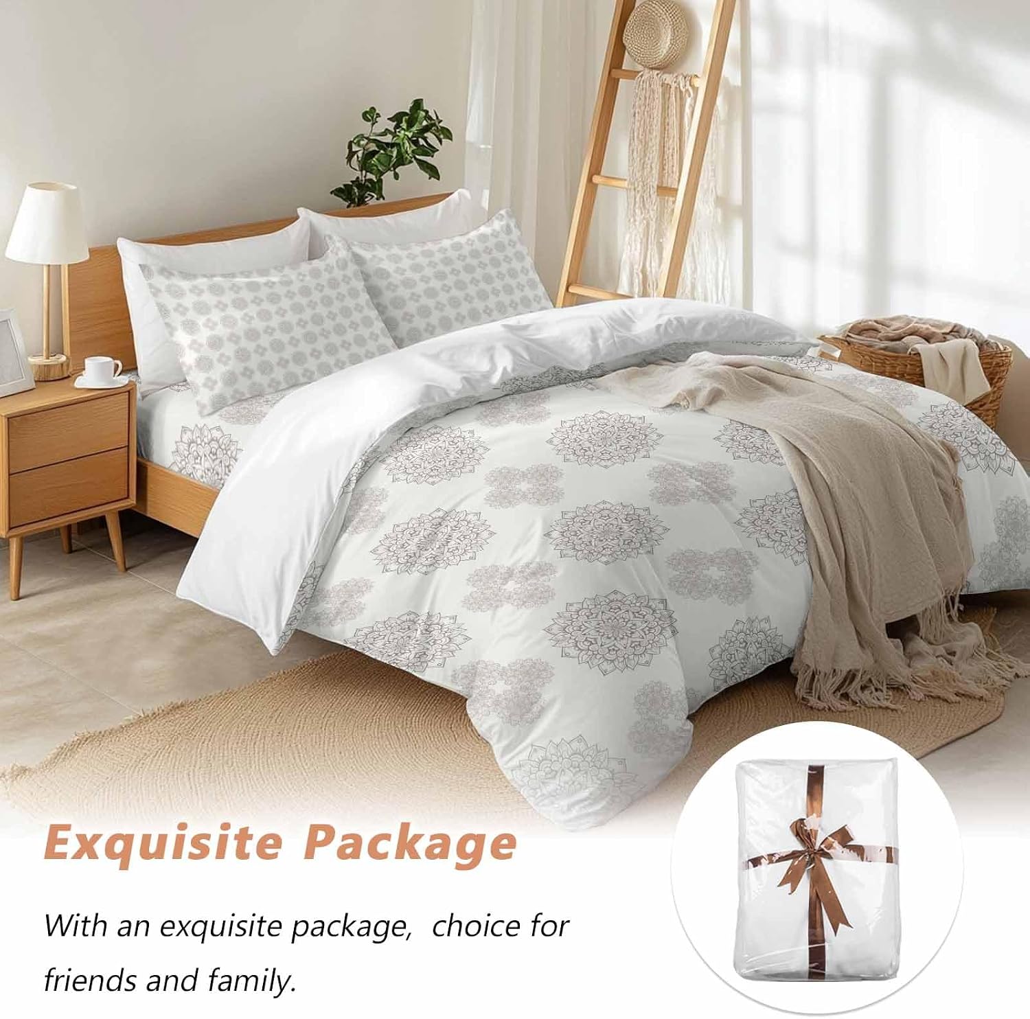Grey Boho Flower Duvet Cover Set Queen Size 4 Pieces Abstract Bosemia Geometric Graphic Rustic Country Bedding Set with Zipper Closure, 1 Comforter Cover 92x106 Inches 1 Flat Sheet & 2 Pillow Cases