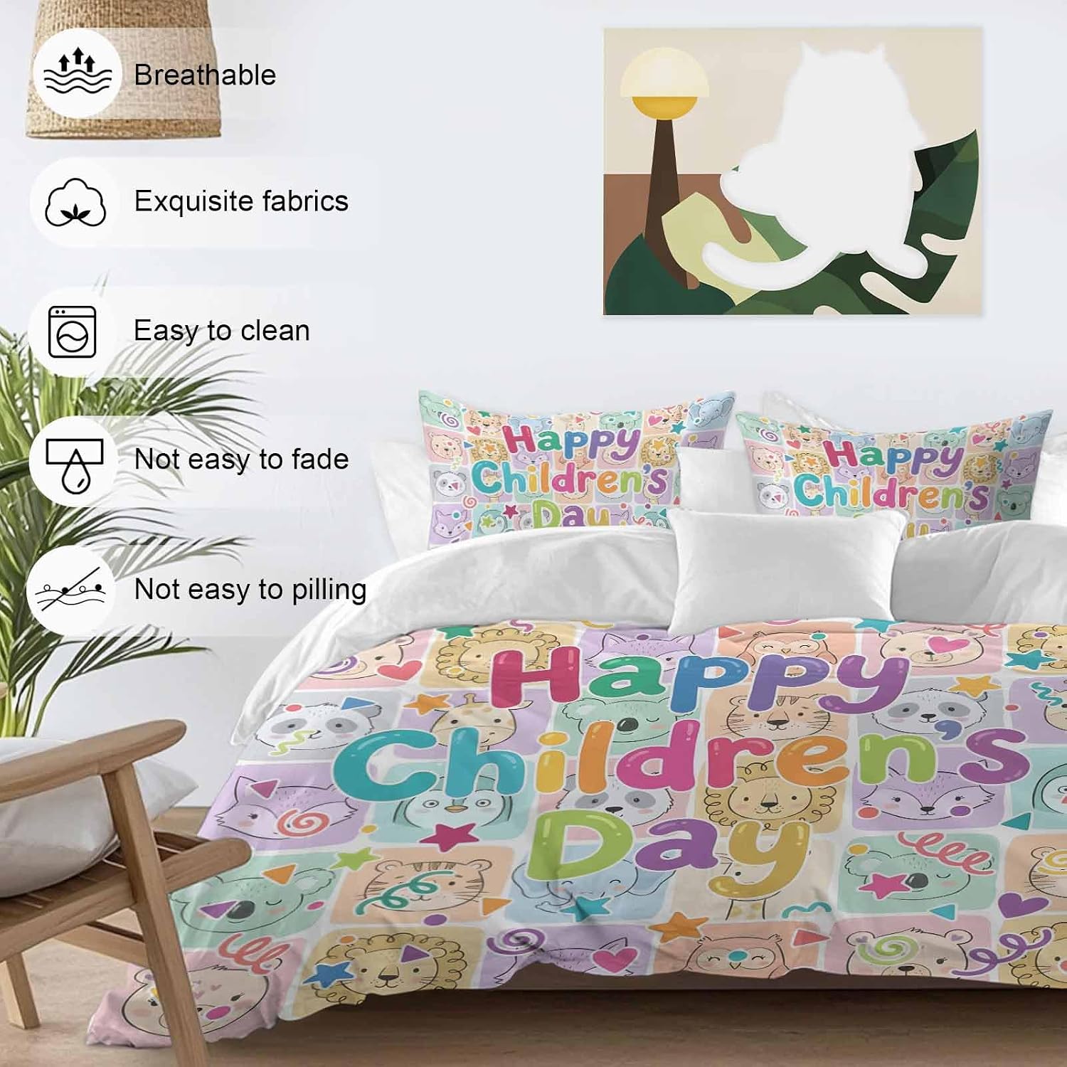 Happy Children's Day Duvet Cover Set Queen 4 Pieces Cartoon Animal Tigers Koalas Elephant Lions Foxes Plaid Bedding Set with Zipper Closure,1 Comforter Cover 92x106 Inch 1 Flat Sheet&2 Pillow Cases