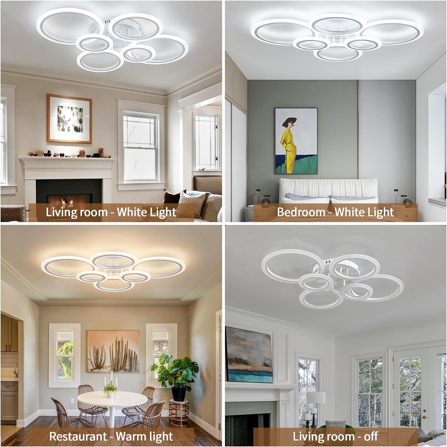 Shine LUEST 60W Modern LED Ceiling Light Fixture, Dimmable LED Chandelier Flush Mount Ceiling Lights Remote Control 6 Acrylic Ring Ceiling Lamp Fixture for Living Room Dining Room Bedroom, 7640LM