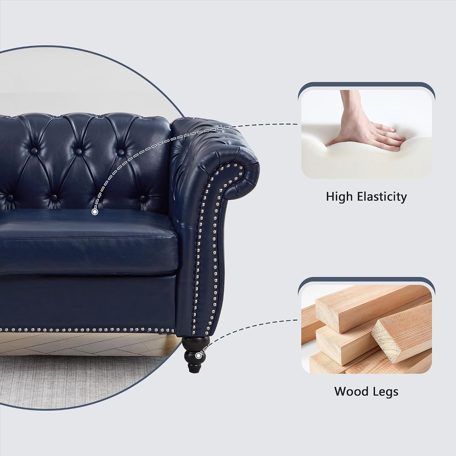 QHITTY 3 Piece Living Room Set, Sectional Chesterfield Sofa Chair Contemporary Upholstered Artificial Leather Loveseat Couch Sets for Living Room, Bedroom, Office (Blue)