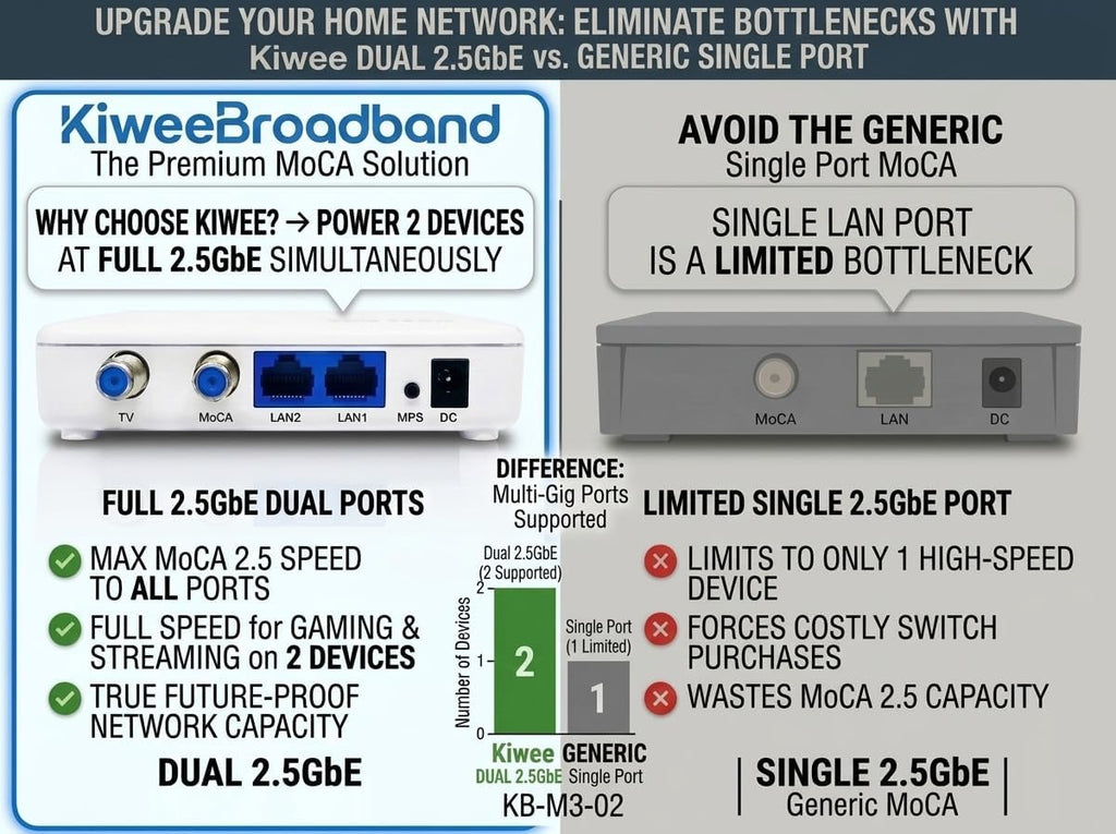 Kiwee Broadband MoCA 2.5 Adapter with Dual 2.5GbE Ports (2-Pack) | High-Speed Ethernet Over Coaxial | 2.5Gbps Wired LAN for Streaming, Gaming, Mesh WiFi | Includes Coax & Ethernet Cables | KB-M3-02