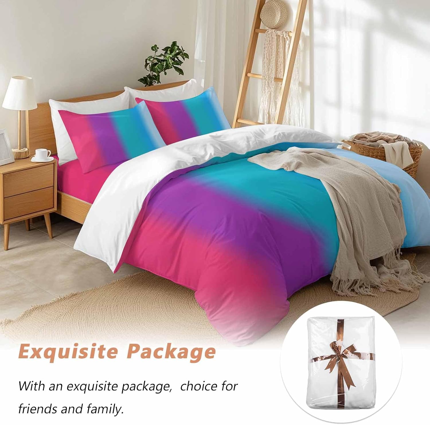 Gradient Art Duvet Cover Set Queen Size 4 Pieces Modern Pink Purple Teal Blue Color Stripes Ombre Bedding Set with Zipper Closure, 1 Comforter Cover 92x106 Inches 1 Flat Sheet & 2 Pillow Cases