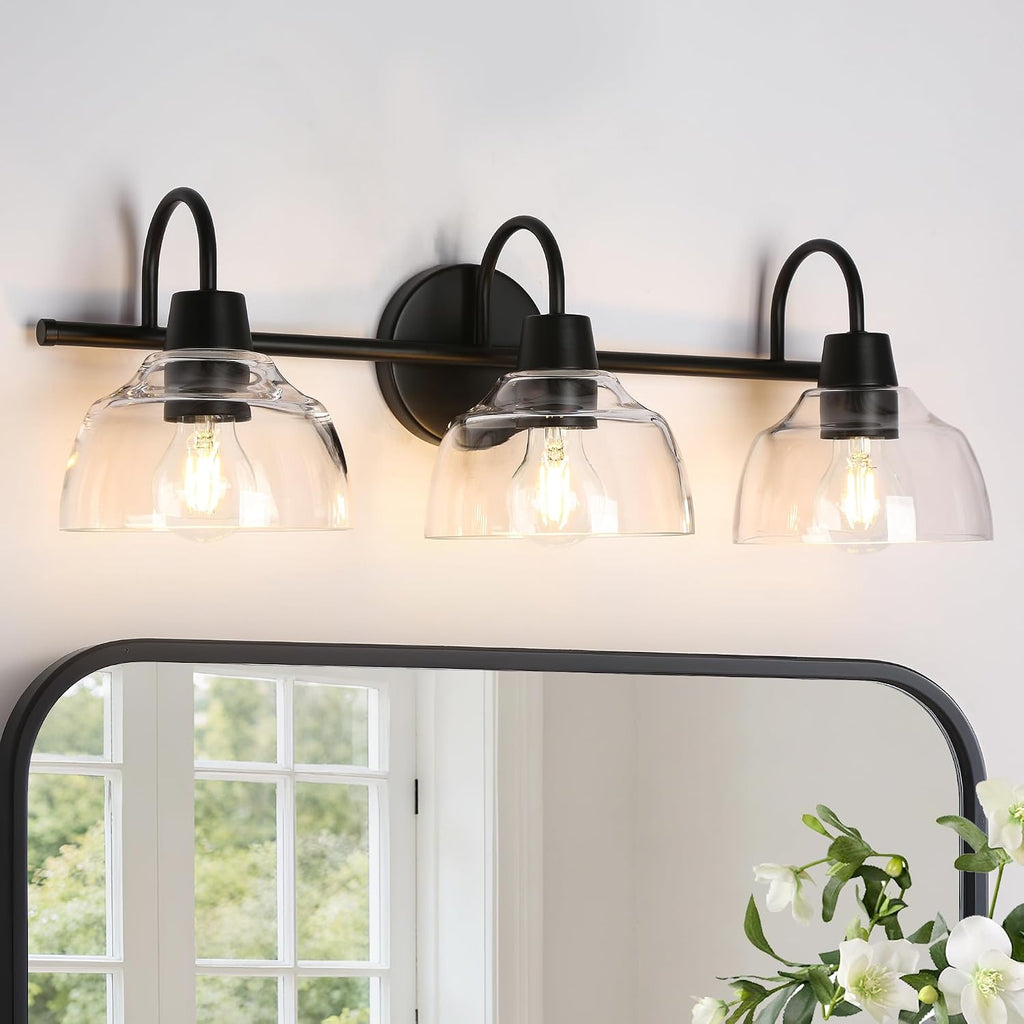 KSANA Black Bathroom Light Fixtures, Modern Farmhouse Vanity Lights Over Mirror 3-Light Bathroom Wall Mounted Sconce with Dome Glass Shade