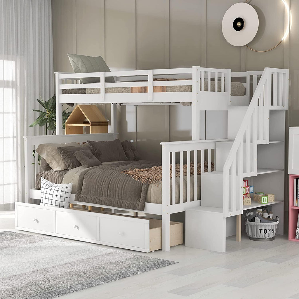 Twin Over Full Bunk Bed with 3 Drawers and Staircase,Can be Separated into 2 Beds,Wood Floor Bunk Bed Frame with Storage Shelf and Full-Length Safety Guardrail for Kids Teens Adults,Space Saving,White