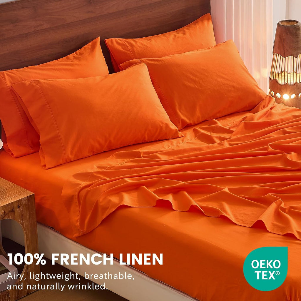 Bedlifes 100% French Flax Linen Sheets Set King Size - 6 Piece Extra Deep Pocket 18-24',Soft Breathable King Bed Sheets with Temperature Regulating & Moisture-Wicking(Orange