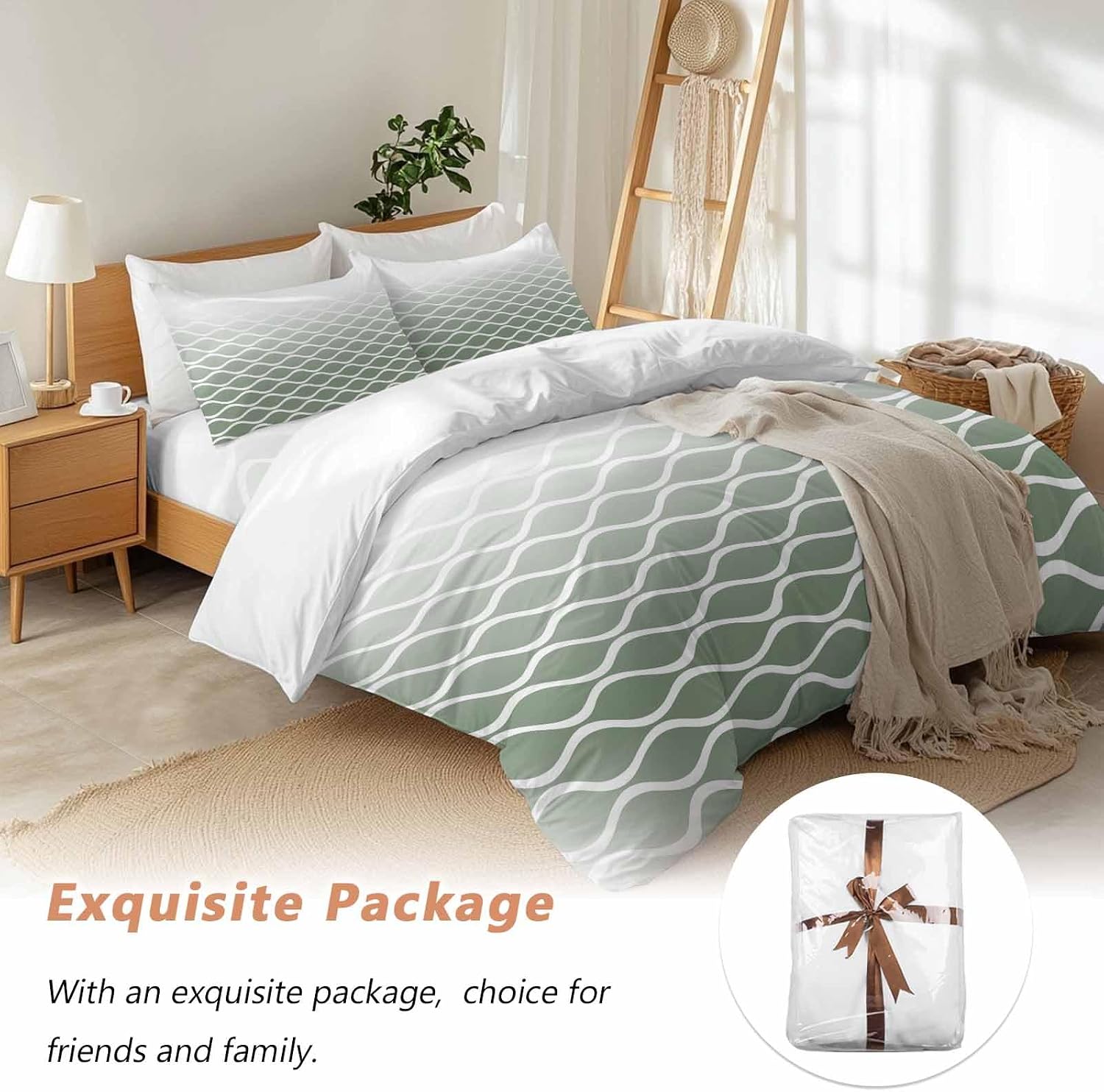 Green Ombre Morocco Duvet Cover Set Queen Size 4 Pieces Modern Geometric Wave Lines Abstract Bedding Set with Zipper Closure, 1 Comforter Cover 92x106 Inches 1 Flat Sheet & 2 Pillow Cases