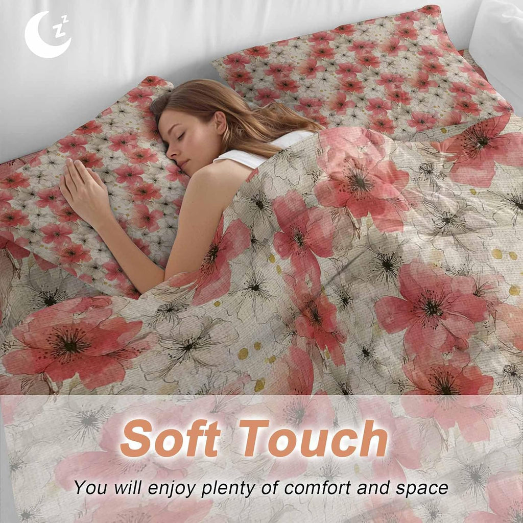 Spring Florals Duvet Cover Set Queen Size 4 Pieces Red White Floral Vintage Water Ink Painting Bedding Set with Zipper Closure, 1 Comforter Cover 92x106 Inches 1 Flat Sheet & 2 Pillow Cases