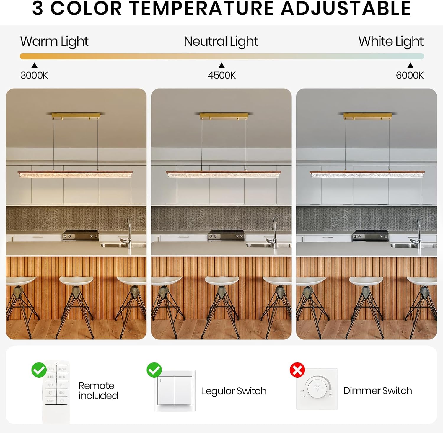 Wood Linear Chandelier,Dimmable Kitchen Island Lighting with Remote,Modern LED Pendant Light Fixture for Dining Room Over Table,Walnut Linear Chandeliers for bar,Living Room,Pool Table, 3000K-6000K.