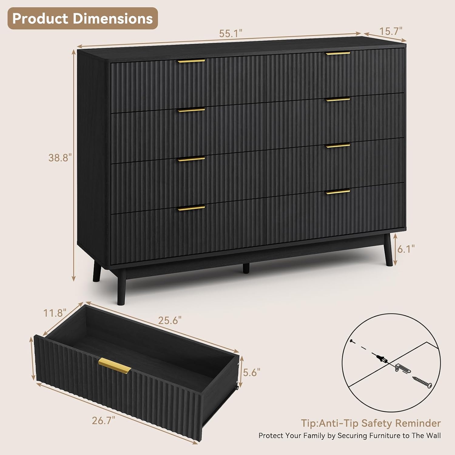 CARPETNAL Fluted Dresser and Nightstand Sets for Bedroom, 3 Pcs Bedroom Set, 8-Drawer Dresser & 2-Drawer Nightstand Set of 2, Modern Wood Chest of Drawers for Living Room, Entryway, Black