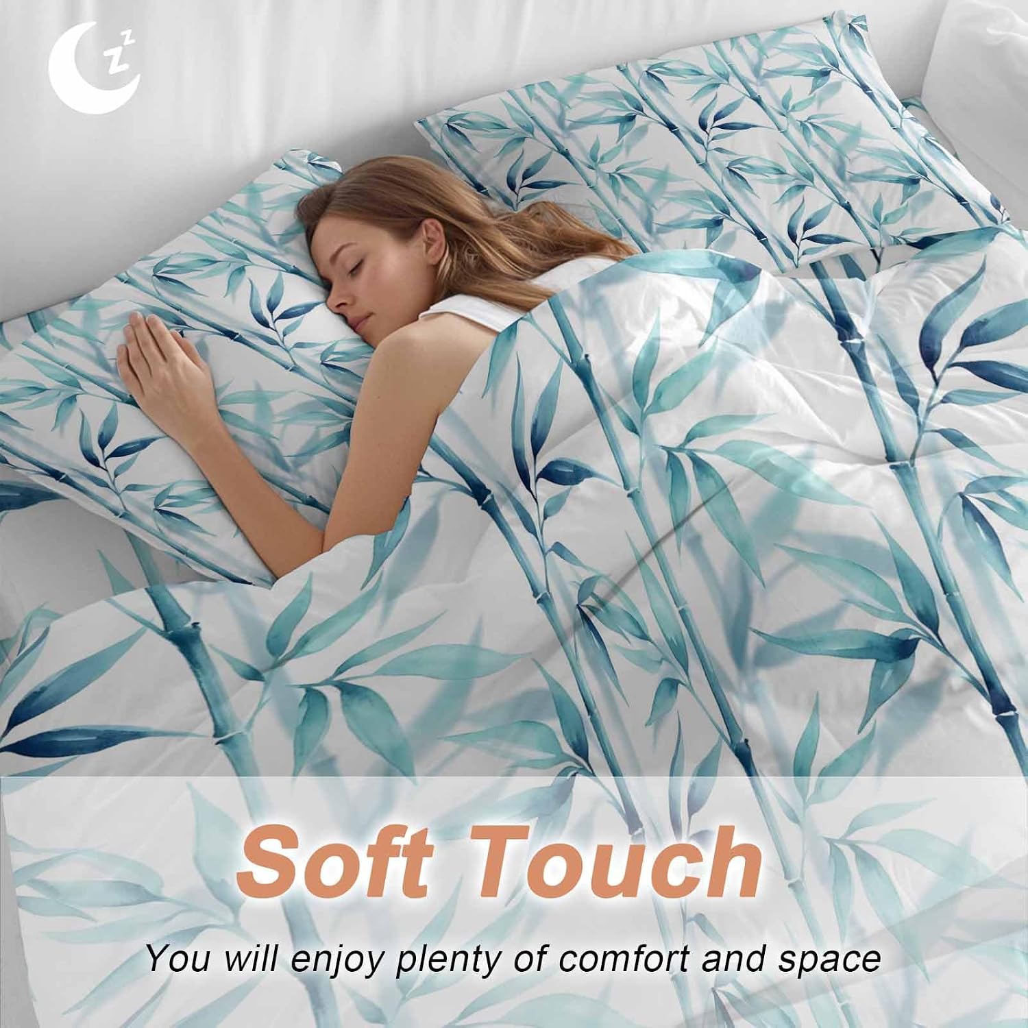 Blue Leaves Duvet Cover Set Queen Size 4 Pieces Minimalist Natural Style Ink Painting Modern Bedding Set with Zipper Closure, 1 Comforter Cover 92x106 Inches 1 Flat Sheet & 2 Pillow Cases