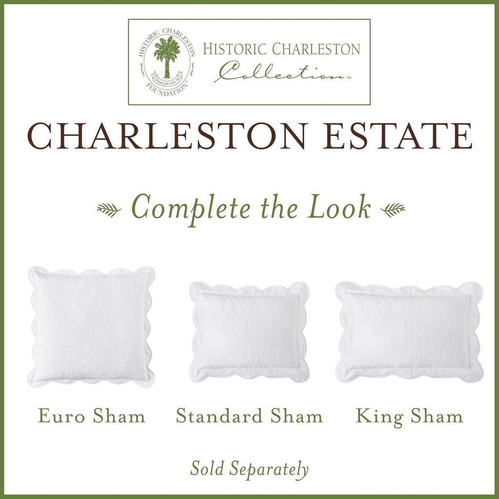 Charleston Estate Modern Farmhouse Floral Matelasse Bedspread with Scalloped Edges, 100% Cotton Breathable Bedding, Full/Queen, White Floral