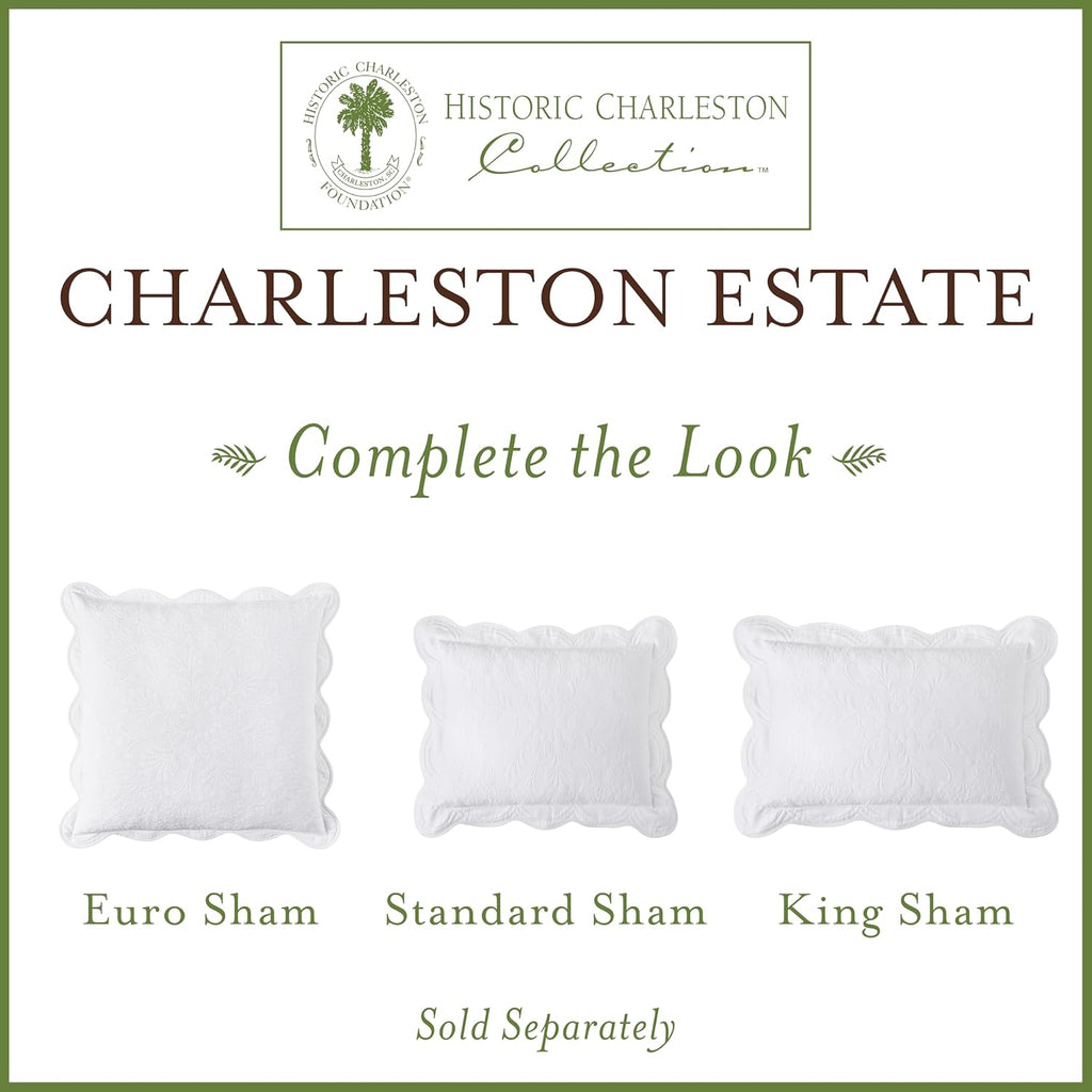 Charleston Estate Modern Farmhouse Floral Matelasse Bedspread with Scalloped Edges, 100% Cotton Breathable Bedding, King/Cal King, White Floral