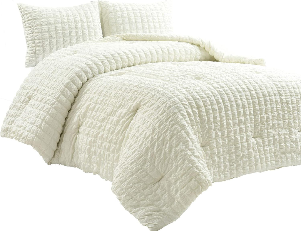 Lush Decor Crinkle Textured Dobby 3 Piece Comforter Set, King, Ivory