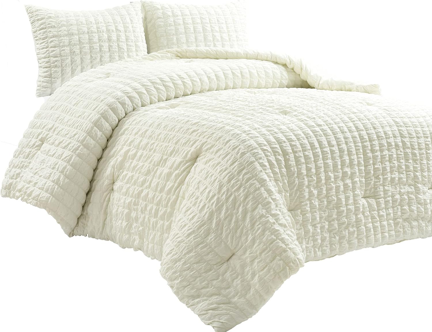 Lush Decor Crinkle Textured Dobby 3 Piece Comforter Set, King, Ivory