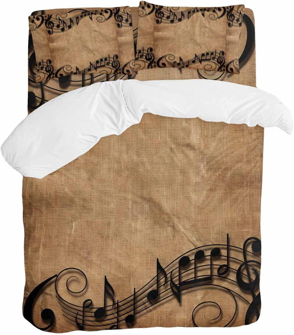 Musical Symbols Duvet Cover Set Queen Size 4 Pieces Musical Staff Retro Brown Background Modern Bedding Set with Zipper Closure, 1 Comforter Cover 90x92 Inches 1 Flat Sheet & 2 Pillow Cases