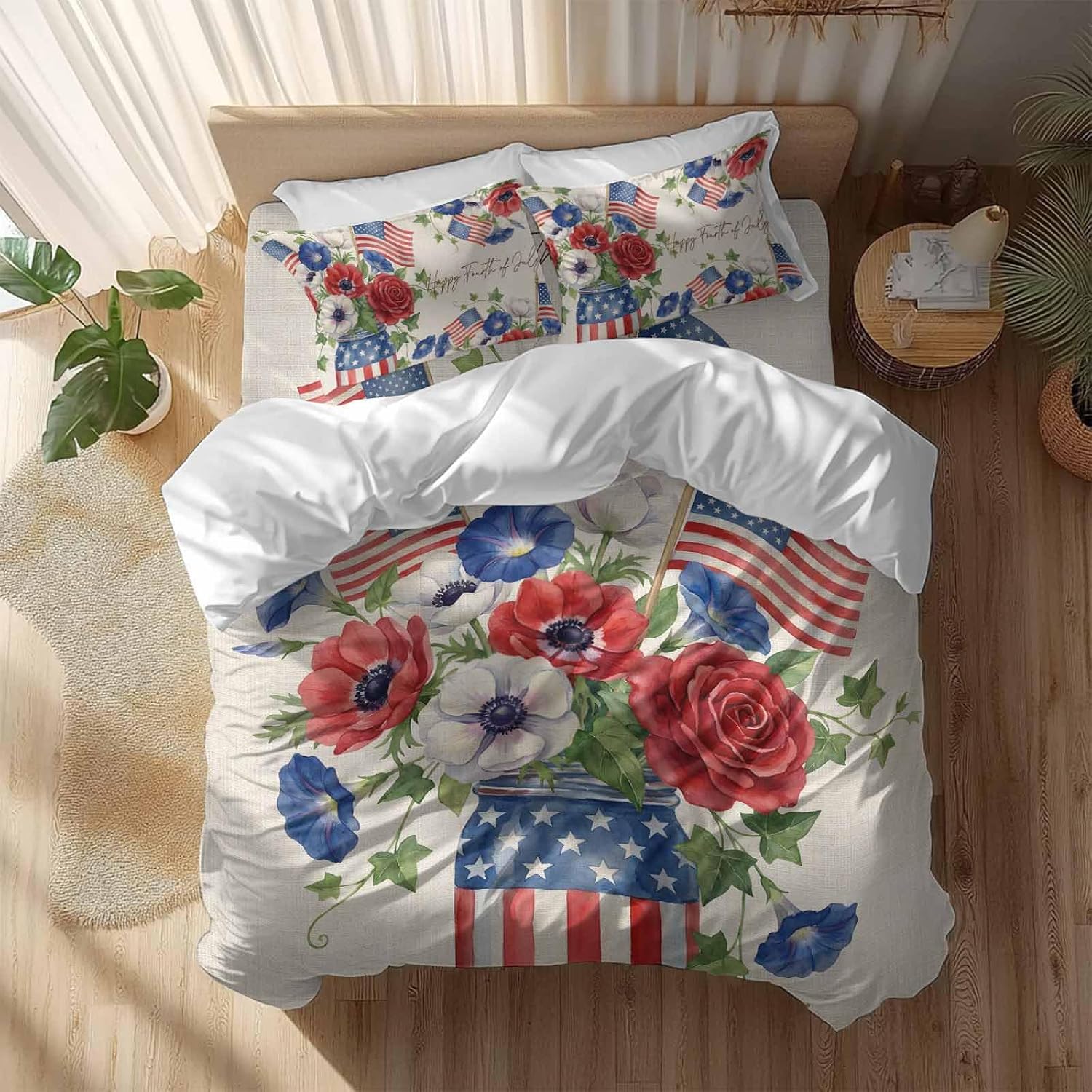 Happy Independence Day Duvet Cover Set Queen Size 4 Pieces U. S. Flag Flowers White Five-Pointed Stars Bedding Set with Zipper Closure, 1 Comforter Cover 92x106 Inches 1 Flat Sheet & 2 Pillow Cases