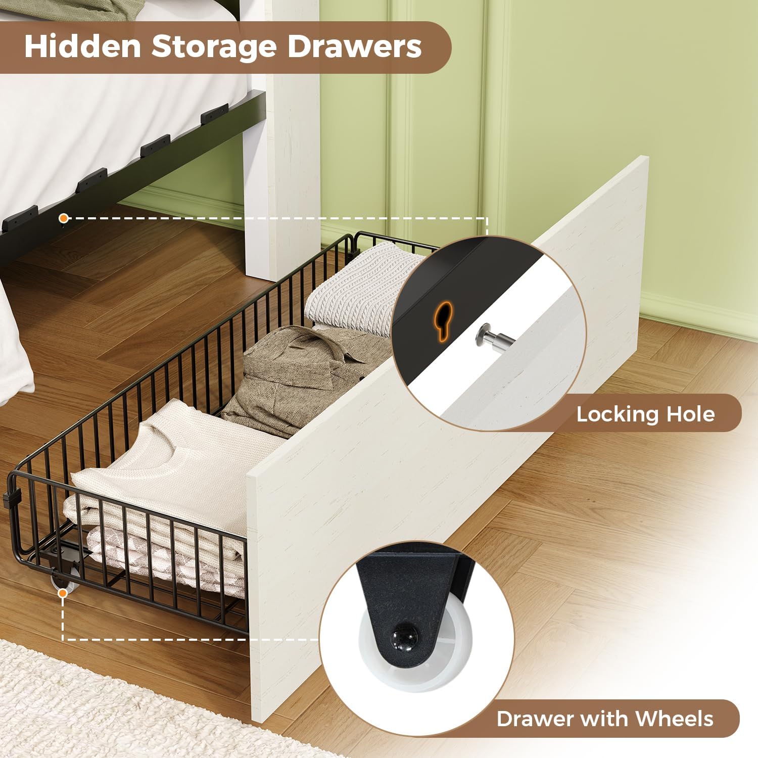 FUNKOCO Wood Queen Bed Frame with Nightstand Set of 2，Farmhouse Bed Frame with Cat & Dog Bed, Storage Headboard and 2 Drawers, LED Lights & Charging Station, Noise Free, No Box Spring Needed