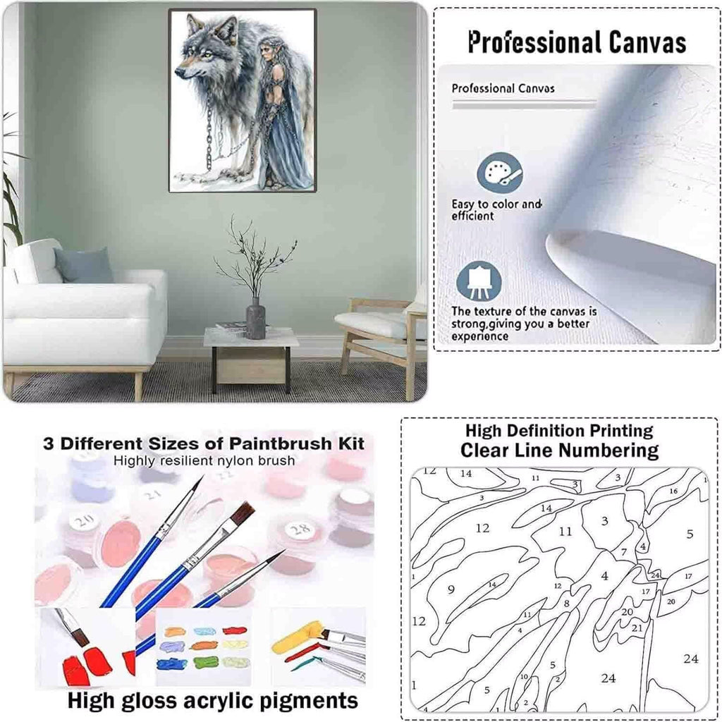 Wolf Paint by Numbers Woman Paint by Numbers Kit for Adults with 3 Paintbrushes and Acrylic Pre Drawn Canvas Oil Painting Crafts Set, Home Wall Decor Gifts, Hobbies for Women 40x53in with Frame -12iI