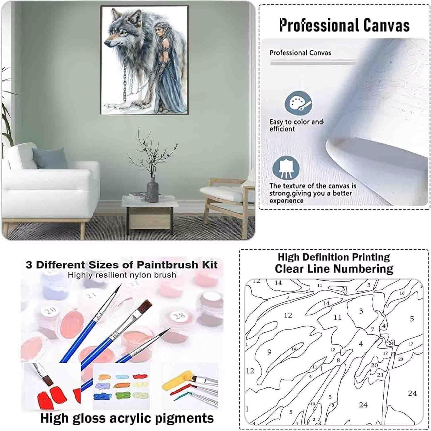 Wolf Paint by Numbers Woman Paint by Numbers Kit for Adults with 3 Paintbrushes and Acrylic Pre Drawn Canvas Oil Painting Crafts Set, Home Wall Decor Gifts, Hobbies for Women 40x53in with Frame -12iI