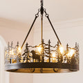 9-Light Rustic Farmhouse Chandelier, Black Wagon Wheel Pendant Light Fixture 23.6' Round Vintage Bear Chandelier for Dining Room Living Room Kitchen