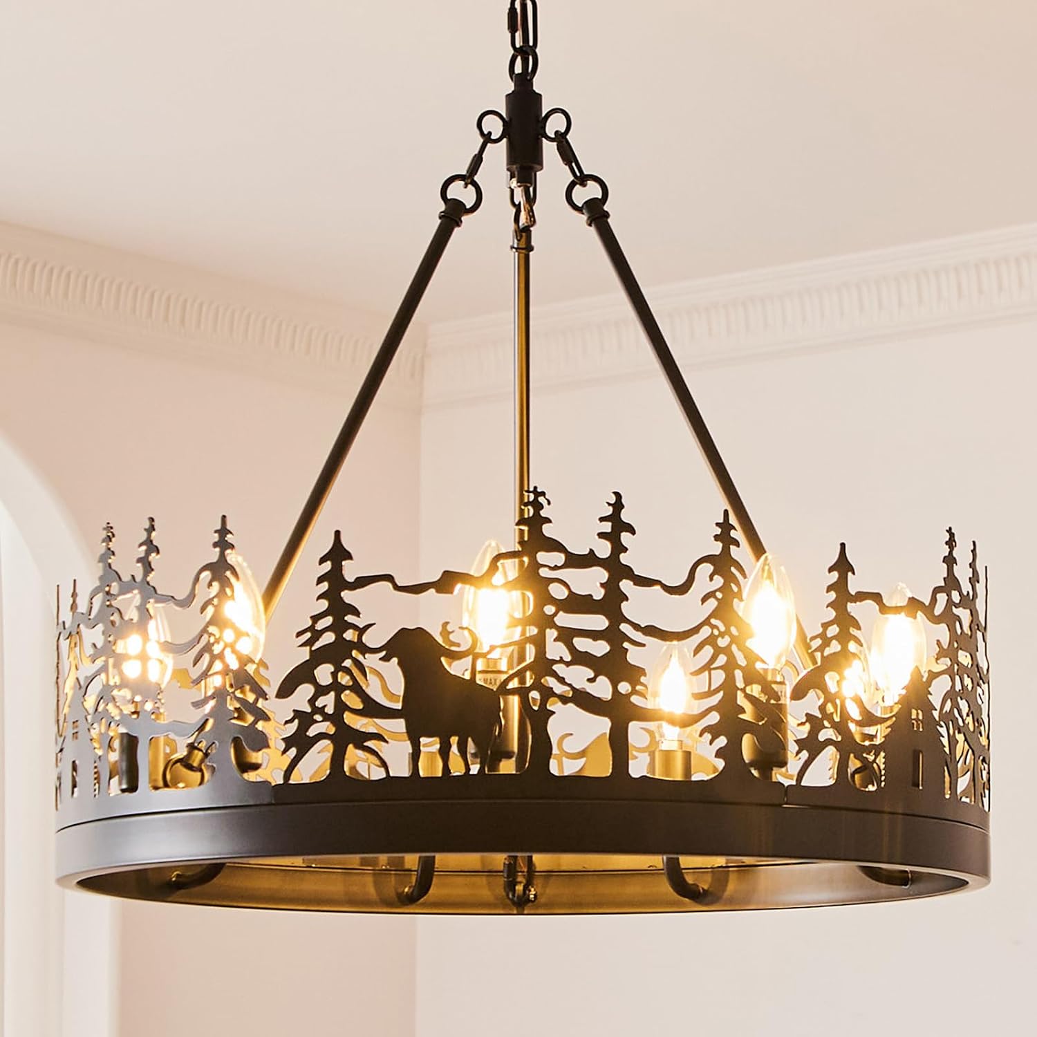 9-Light Rustic Farmhouse Chandelier, Black Wagon Wheel Pendant Light Fixture 23.6' Round Vintage Bear Chandelier for Dining Room Living Room Kitchen