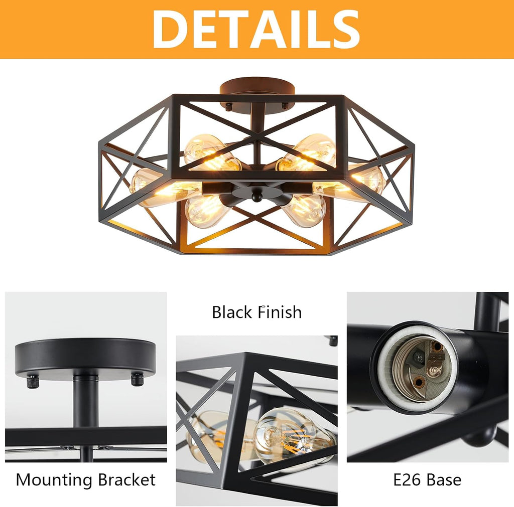 XSDeTu Industrial Semi Flush Mount Ceiling Light, 6 Light Modern Metal Close to Ceiling Light Fixture, Farmhouse Light Fixtures Ceiling Mount, Black Chandelier for Kitchen, Dining Room, Hallway