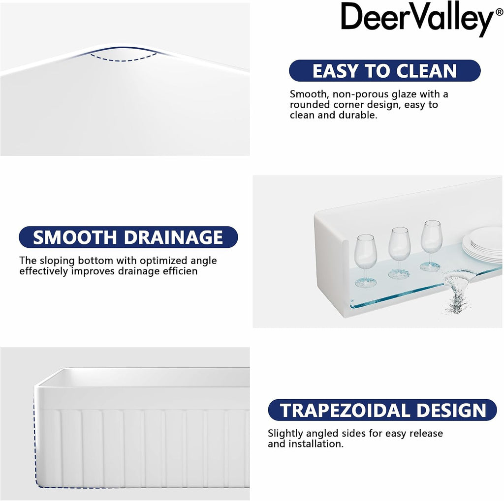 DeerValley Solstice Fireclay Farmhouse Sinks, 35.6'L x 18'W Farmhouse Kitchen Sink White Large Single Bowl Farm Sink Reversible Apron Front with Sink Grid and Basket Strainer