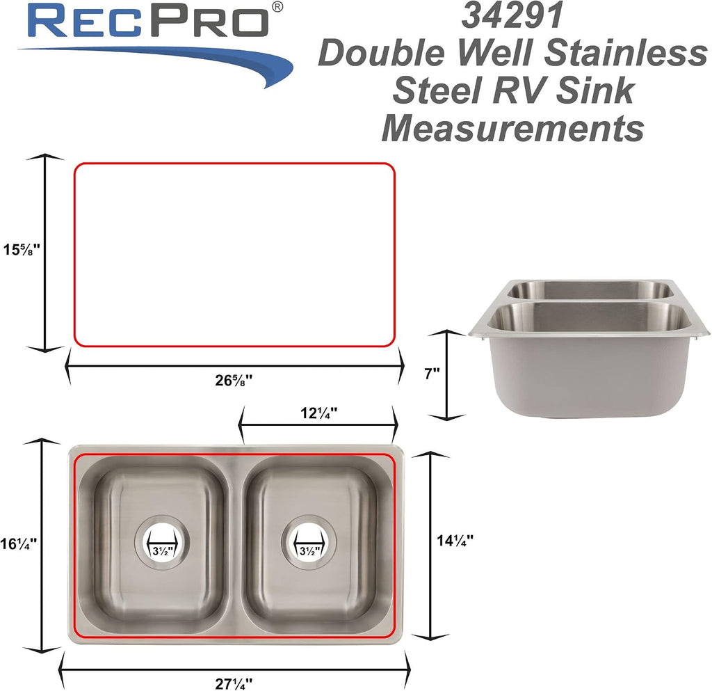 RecPro RV Double Bowl Kitchen Sink | 27' x 16 x 7' | Stainless Steel