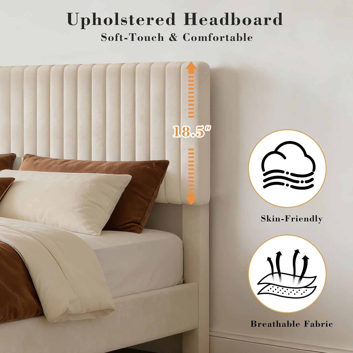 Vipbear Queen Upholstered Platform Bed Frame, Luxury Velvet Fabric with Headboard, Quiet & Sturdy Slat Support, Under-Bed Storage Space, Easy Setup, White