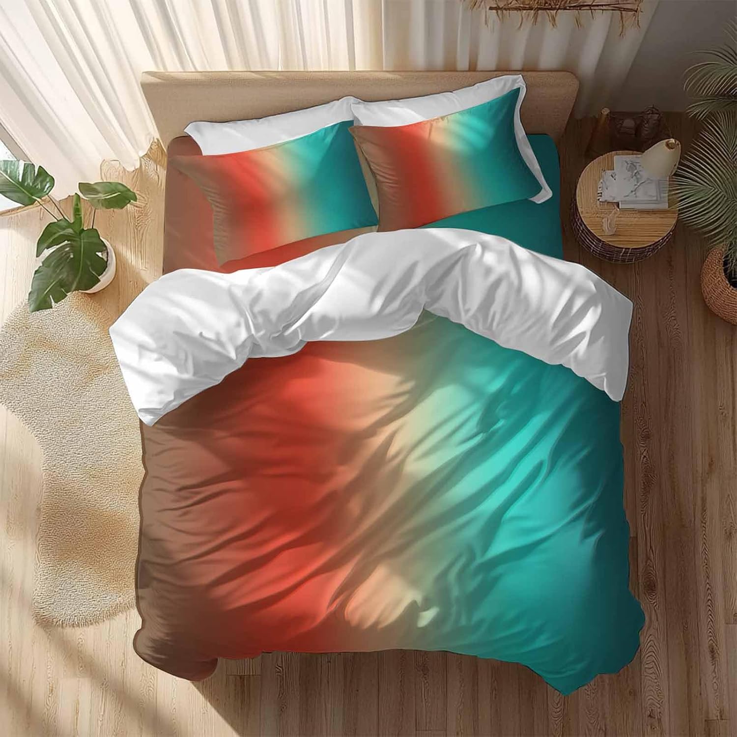 Gradient Blue Green Duvet Cover Set Queen Size 4 Pieces Modern Abstract Minimalist Orange Brown Ocean Beach Bedding Set with Zipper Closure,1 Comforter Cover 92x106 Inches 1 Flat Sheet&2 Pillow Cases