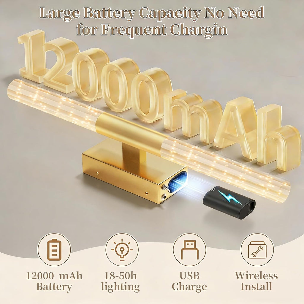 camuucci Battery Operated Wall Sconces Set of 2 Rechargeable Battery Powered Wall Light with 12000mAh Not Hardwired Dimmable Wall Lamp Fixtures for Bedroom Living Room Gold 25.6 Inches