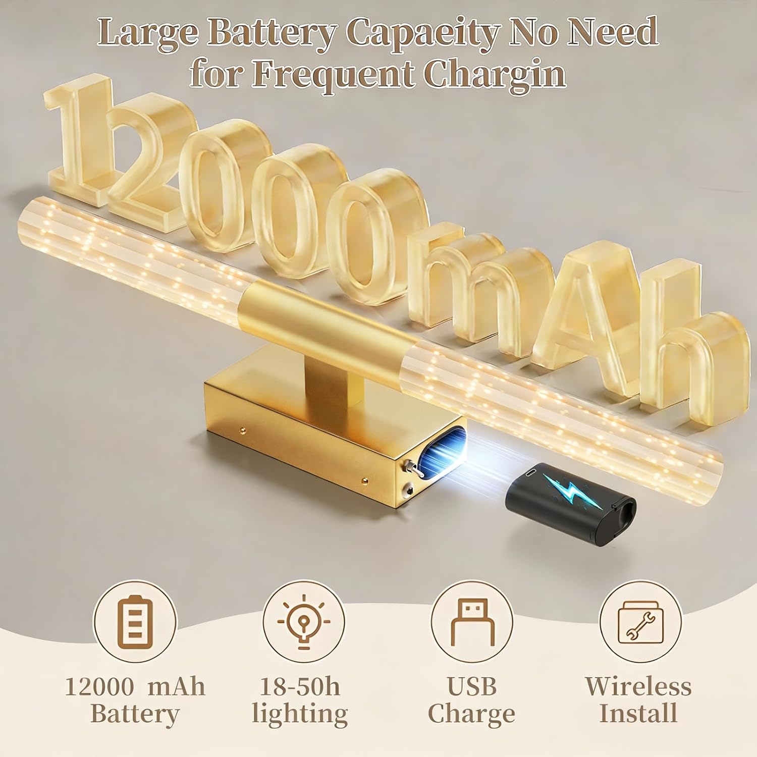 camuucci Battery Operated Wall Sconces Set of 2 Rechargeable Battery Powered Wall Light with 12000mAh Not Hardwired Dimmable Wall Lamp Fixtures for Bedroom Living Room Gold 25.6 Inches