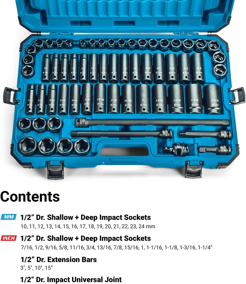 Capri Tools 1/2-Inch Drive Deep Impact Socket Set with Adapters and Extensions, Chrome Molybdenum, Master Set Metric and SAE, Manganese Phosphate, 63-Piece