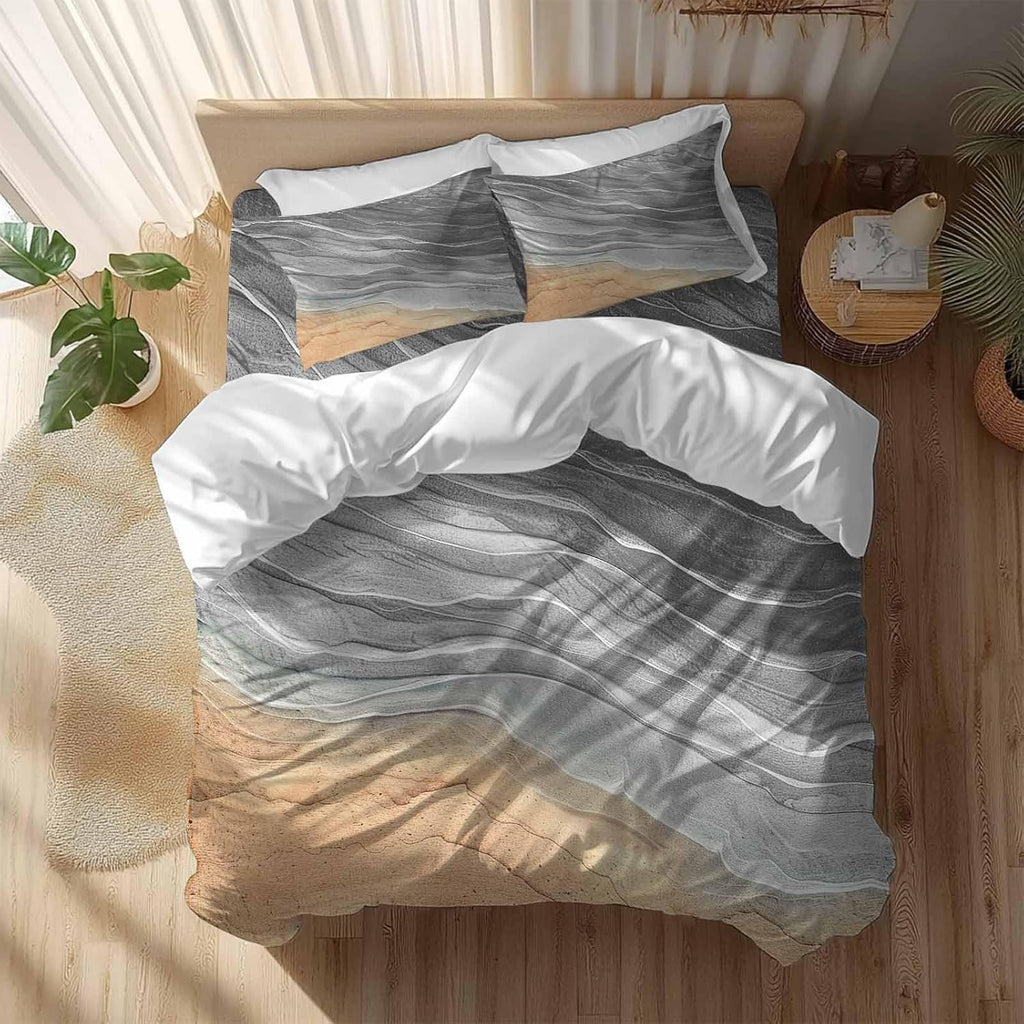 Prime Leader Abstract Grey Duvet Cover Set Queen Size 4 Pieces Ocean Beach Waves Lines Gradient Bedding Set with Zipper Closure, 1 Comforter Cover 86x86 Inches 1 Flat Sheet & 2 Pillow Cases