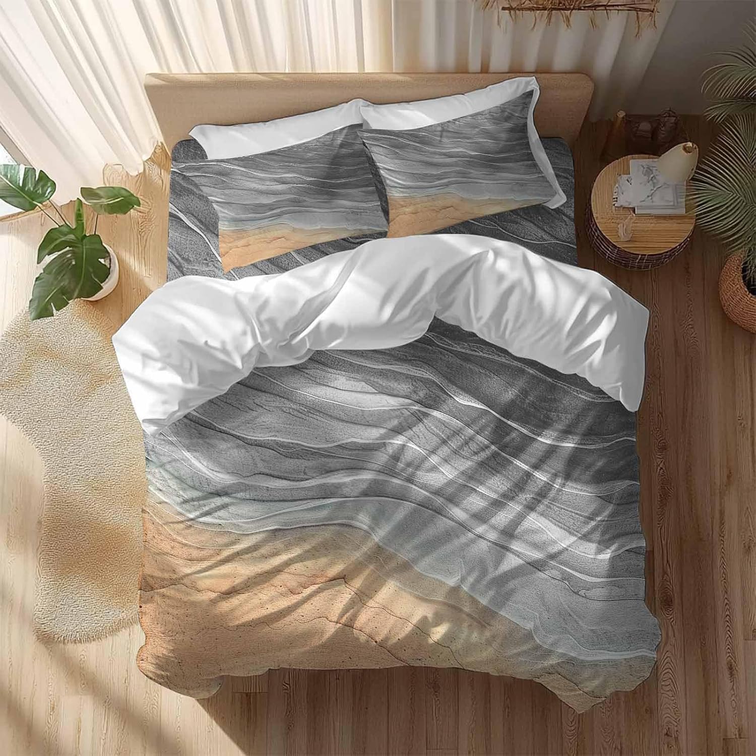 Prime Leader Abstract Grey Duvet Cover Set Queen Size 4 Pieces Ocean Beach Waves Lines Gradient Bedding Set with Zipper Closure, 1 Comforter Cover 86x86 Inches 1 Flat Sheet & 2 Pillow Cases