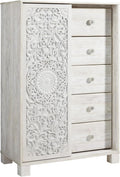Signature Design by Ashley Paxberry Boho 5 Drawer Dressing Chest with Slider Door & 3 Adjustable Shelves, Whitewash