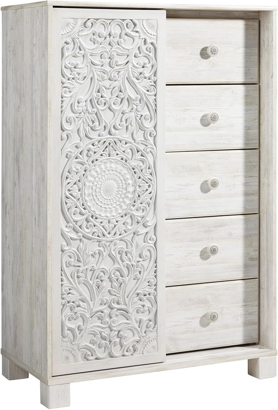Signature Design by Ashley Paxberry Boho 5 Drawer Dressing Chest with Slider Door & 3 Adjustable Shelves, Whitewash