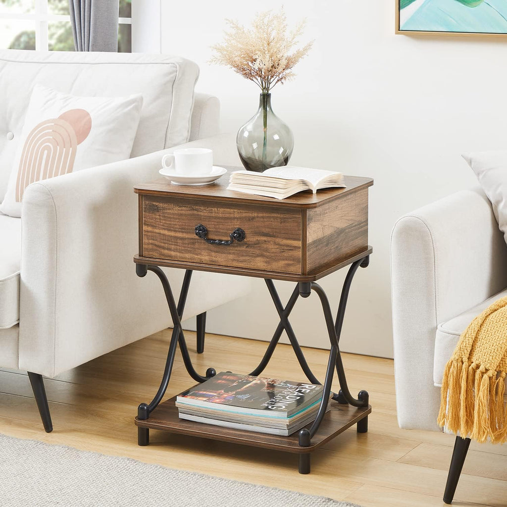 VECELO Nightstands Set of 2 with Drawer for Bedroom, Endtable Bedside Table with Storage & Open Shelf for Living Room, Brown