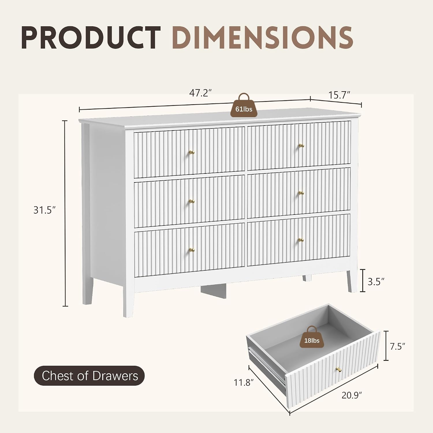 White Dresser for Bedroom, 6 Drawers Fluted Chest of Drawers with Storage, Modern 47'' Wide Dresser with Paint Design, Wood Drawer Organizer Dressers for Entryway, Hallway