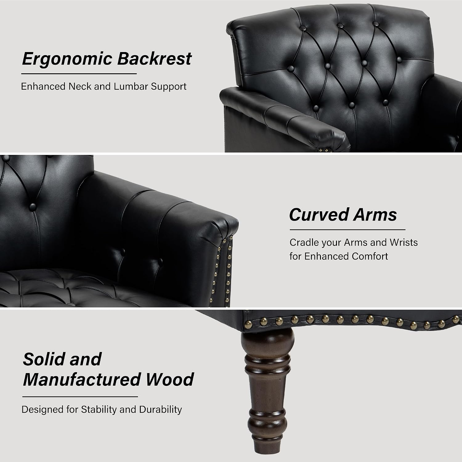 Faux Leather Accent Chair, PU Leather Modern Comfy Upholstered Armchair with Wood Legs & Nailhead Trim for Living Room, Bedroom (Black,Set of 1)