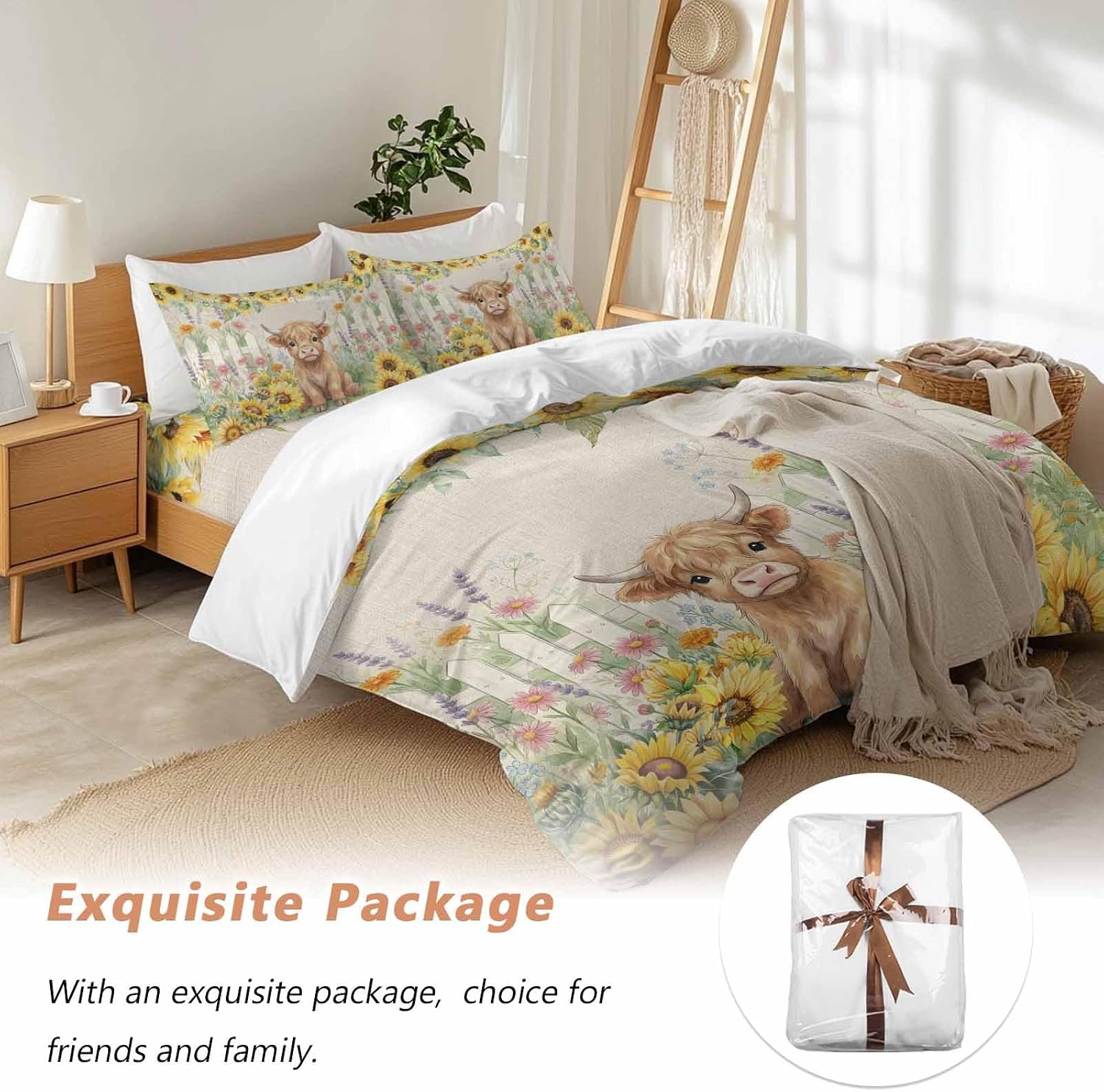 Farm Highland Cattle Duvet Cover Set Queen Size 4 Pieces Farmhouse Sunflower Cow Fence Linen Texture Bedding Set with Zipper Closure, 1 Comforter Cover 92x106 Inches 1 Flat Sheet & 2 Pillow Cases