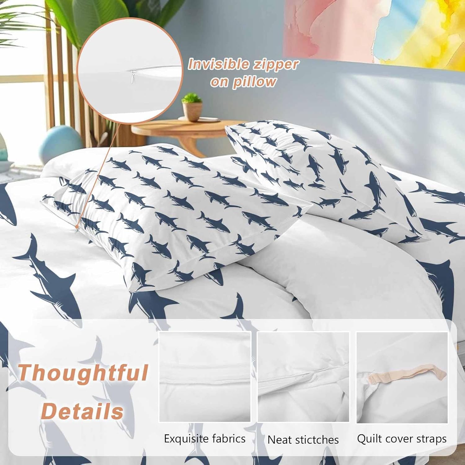 Prime Leader Abstract Sharks Duvet Cover Set Queen Size 4 Pieces Navy Blue Fish Simple Style Ocean Life Bedding Set with Zipper Closure, 1 Comforter Cover 92x106 Inches 1 Flat Sheet & 2 Pillow Cases