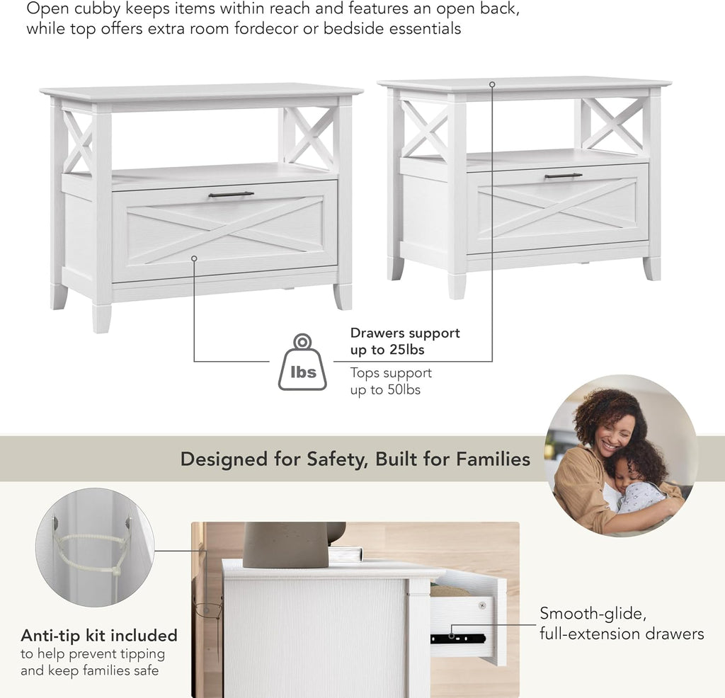 Bush Home 32-inch Nightstand with Drawer - Set of 2, Bedroom Furniture, Key West Collection, Pure White Oak