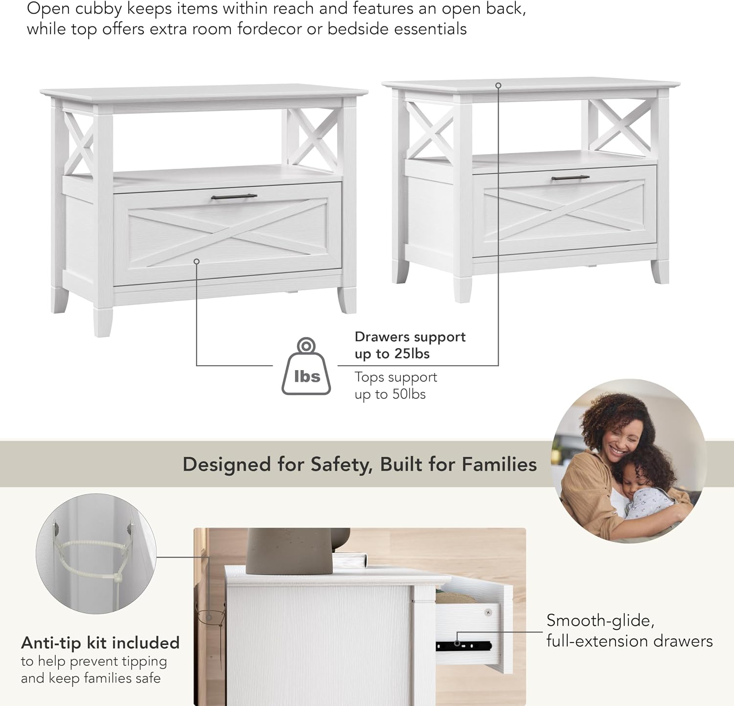 Bush Home 32-inch Nightstand with Drawer - Set of 2, Bedroom Furniture, Key West Collection, Pure White Oak