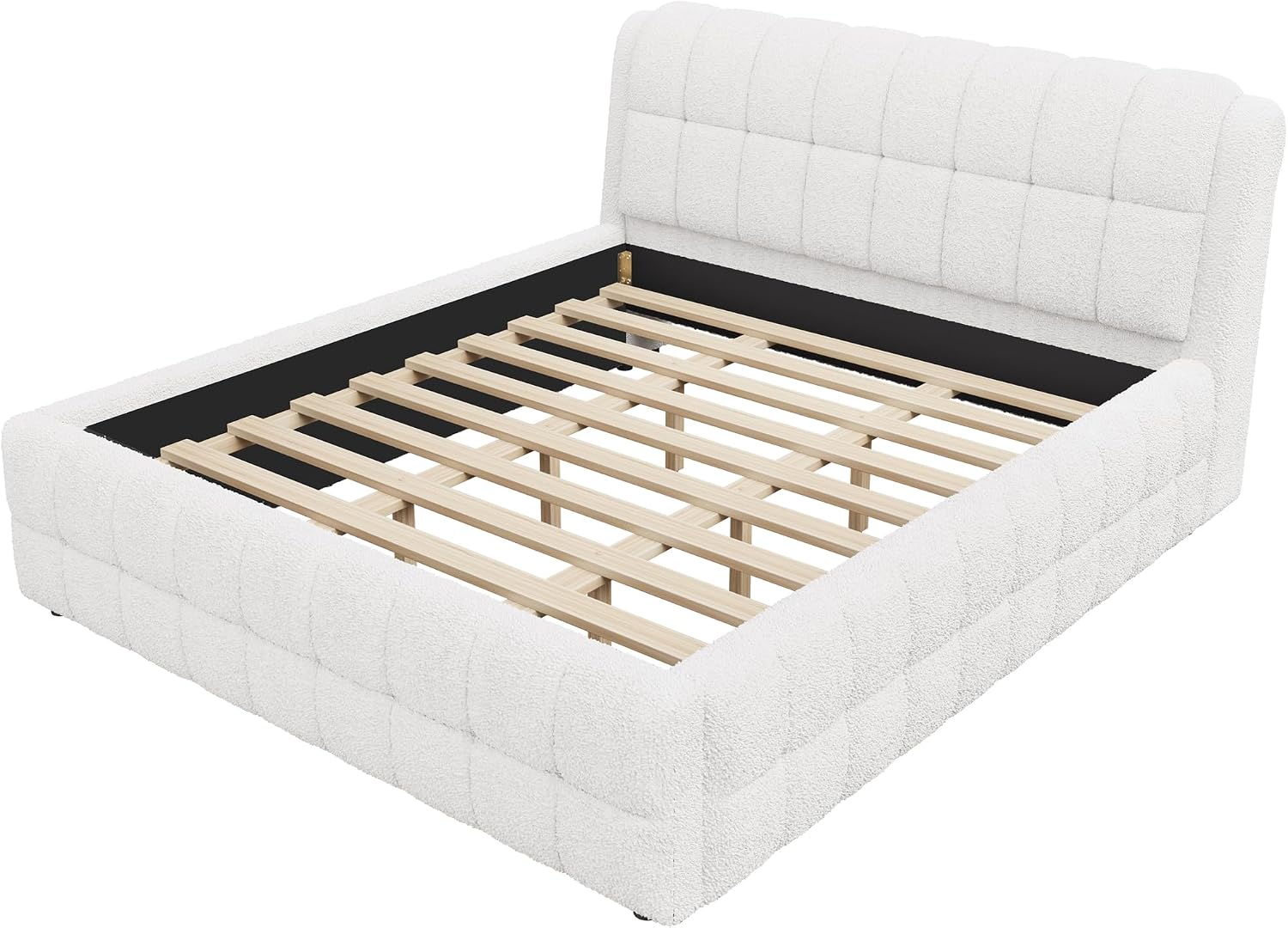 GDFStudio California King Size Upholstered Platform Bed, Boucle Bed Frame with Foam Headboard, Wood Slat Support for King Mattress, Modern Platform Bed for Master Bedroom, No Box Spring Needed, White