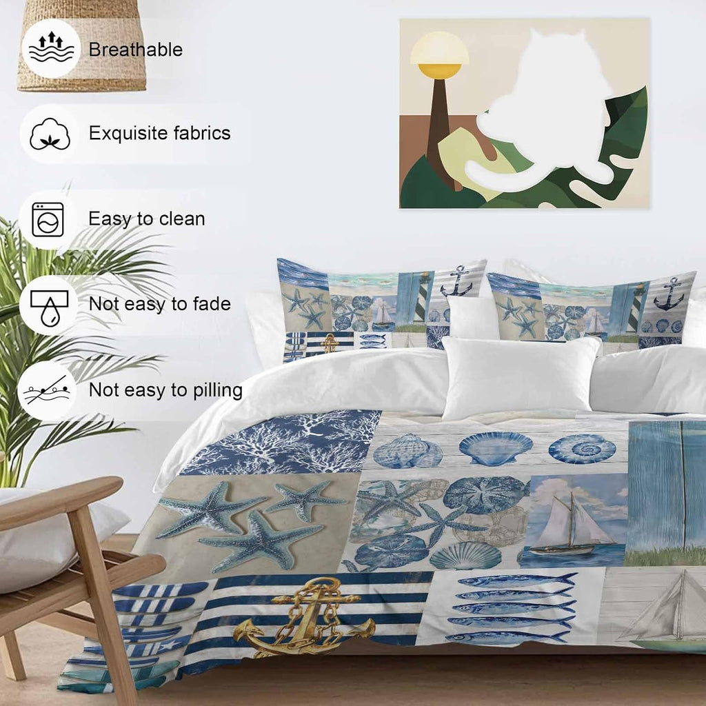 Summer Nautical Duvet Cover Set Queen Size 4 Pieces Blue Starfish Shells Anchor Boat Patchwork Bedding Set with Zipper Closure, 1 Comforter Cover 92x106 Inches 1 Flat Sheet & 2 Pillow Cases