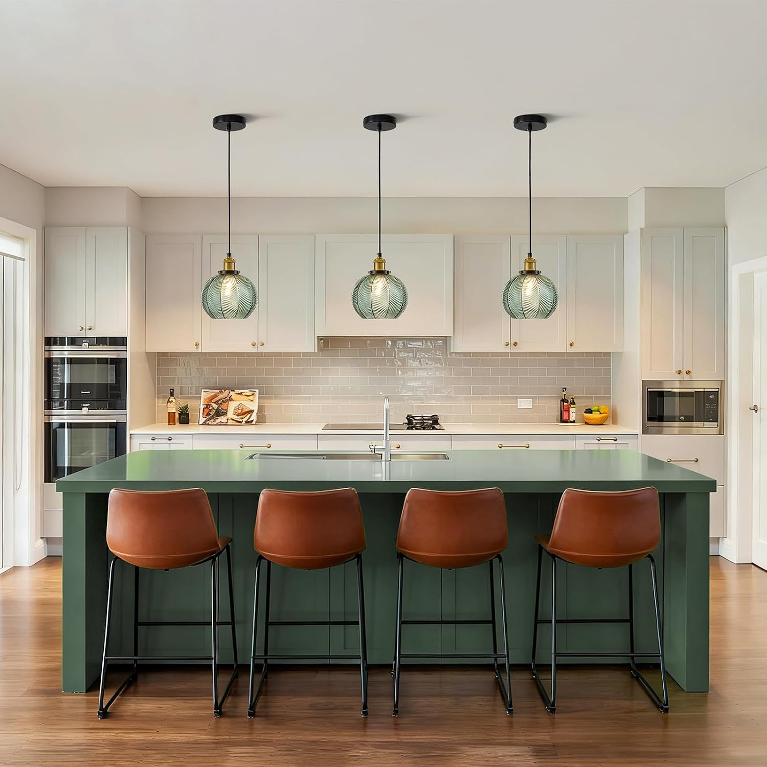 7.8in Vintage Pendant Light 3-Light Kitchen Sink Pendant Lights with Green Hand Blown Glass Small Hanging Lamp for Kitchen Island Dining Room Bedroom Bathroom Hallway E26